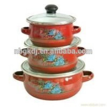 3 pcs ensembles émail cassrole pot et couvercle en verre et rouge / fleur autocollant 3 pcs ensembles émail cassrole pot et couvercle en verre et rouge / fleur autocollant